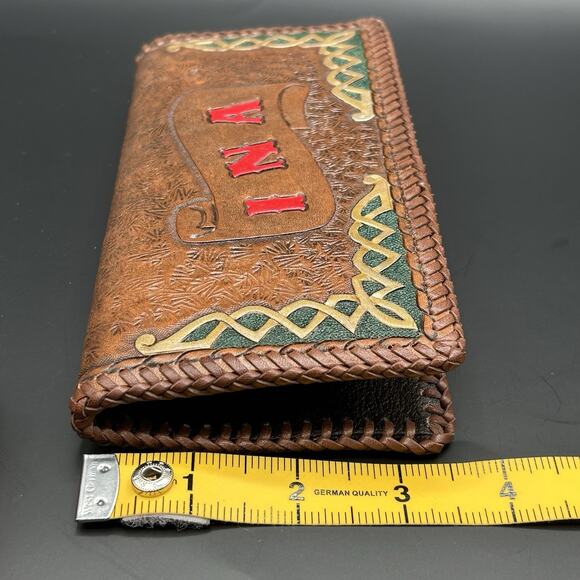 Vintage Hand Tooled Textured Leather Wallet Check Card Bill Holder Monogrammed - Picture 6 of 6